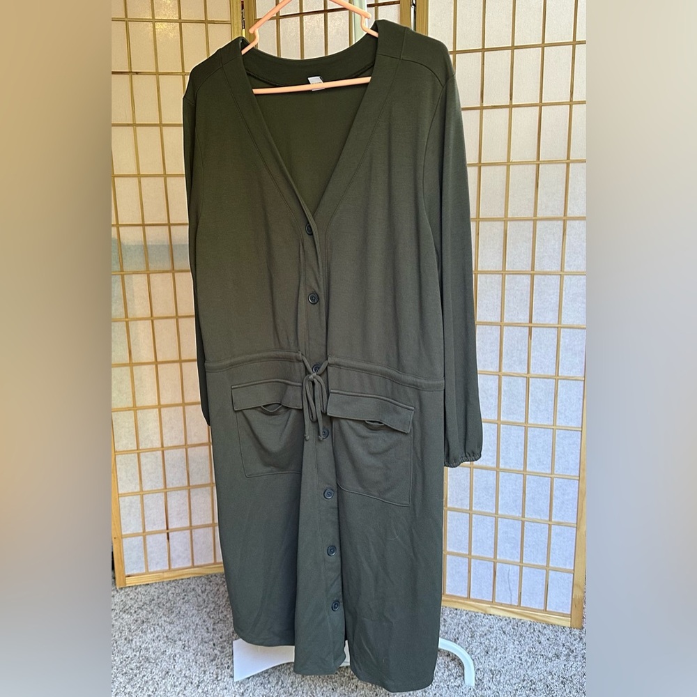 Heavy knit olive dress. Excellent used condition. Buttons are decorative.
